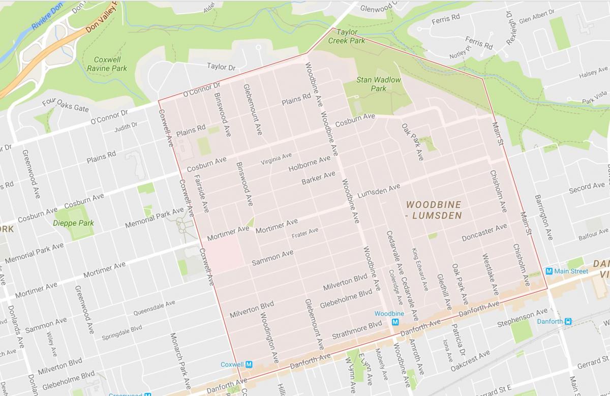 Map of Woodbine Heights neighbourhood Toronto