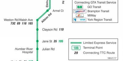 Map of TTC 186 Wilson Rocket bus route Toronto
