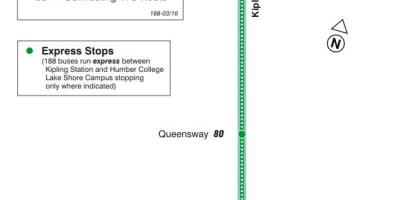 Map of TTC 188 Kipling South Rocket bus route Toronto