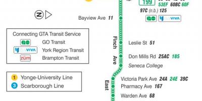 Map of TTC 199 Finch Rocket bus route Toronto