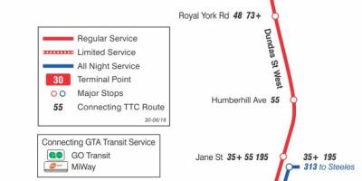Map of TTC 30 Lambton bus route Toronto