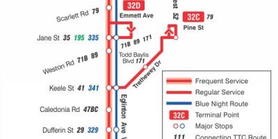 Map of TTC 32 Eglinton West bus route Toronto