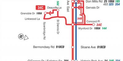 Map of TTC 34 Eglinton East bus route Toronto
