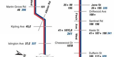 Map of TTC 36 Finch West bus route Toronto