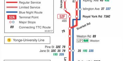 Map of TTC 52 Lawrence West bus route Toronto