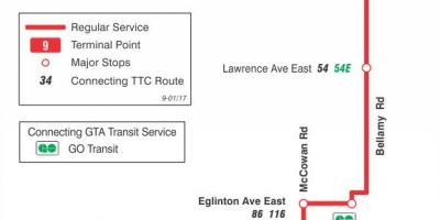 Map of TTC 9 Bellamy bus route Toronto